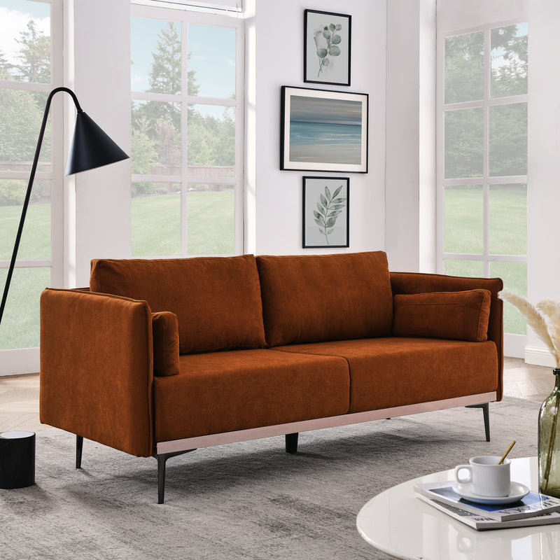 Modern Sofa 3-Seat Couch with Stainless Steel Trim and Metal Legs for Living Room, Orange